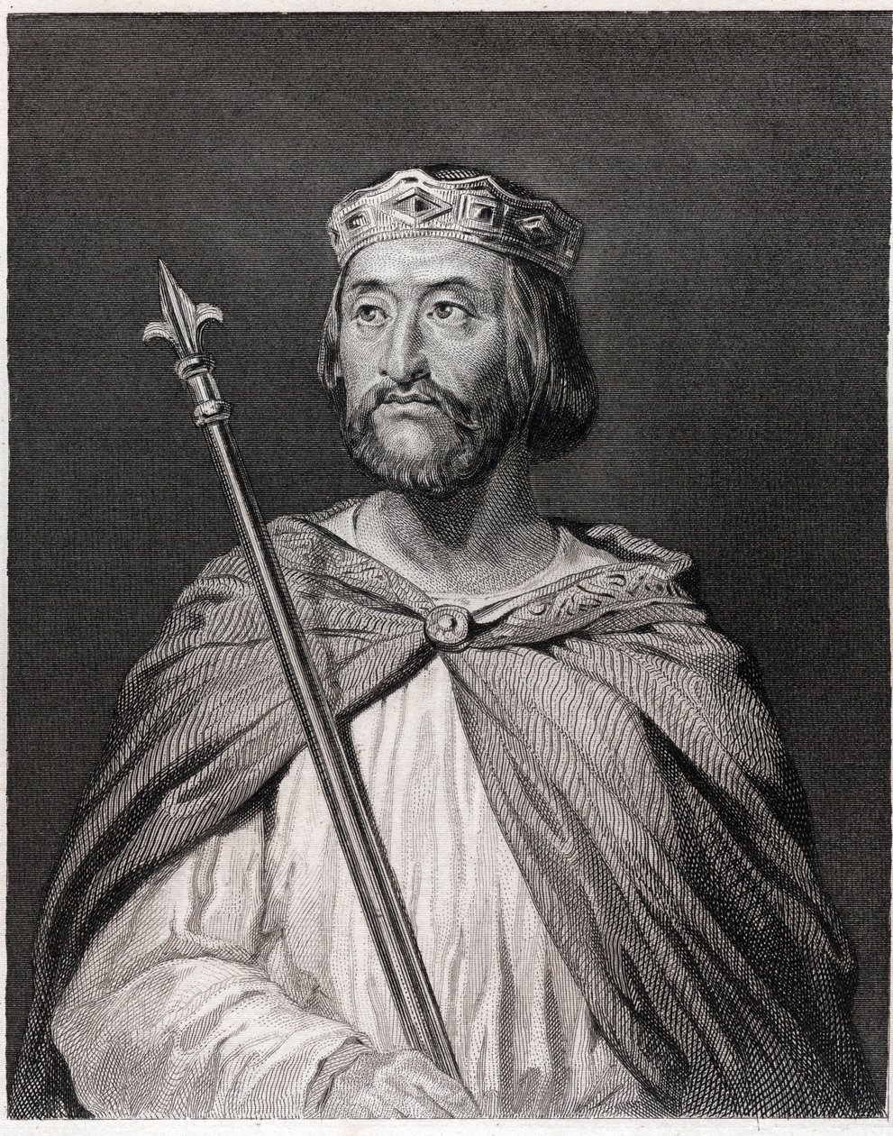 Kaarle III dit le Simplen (879 - 929), Ranskan kuninkaan (898 - 929) muotokuva - Lavalléen "Histoire des Français" -kirjassa, kaiverrus, sd. tekijältä Unknown artist
