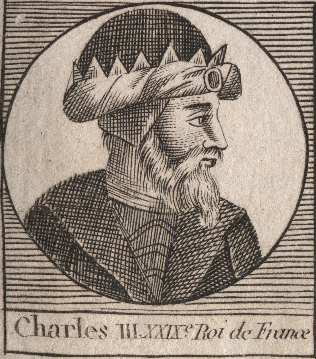 Kaarle III:n muotokuvassa lukee Yksinkertainen (879-929) frangien kuningas - KARLES III (879-929) - Kaarle Yksinkertainen - Ranskan kuningas, 893-923 - kaiverrus Charlesin "Instruction sur l