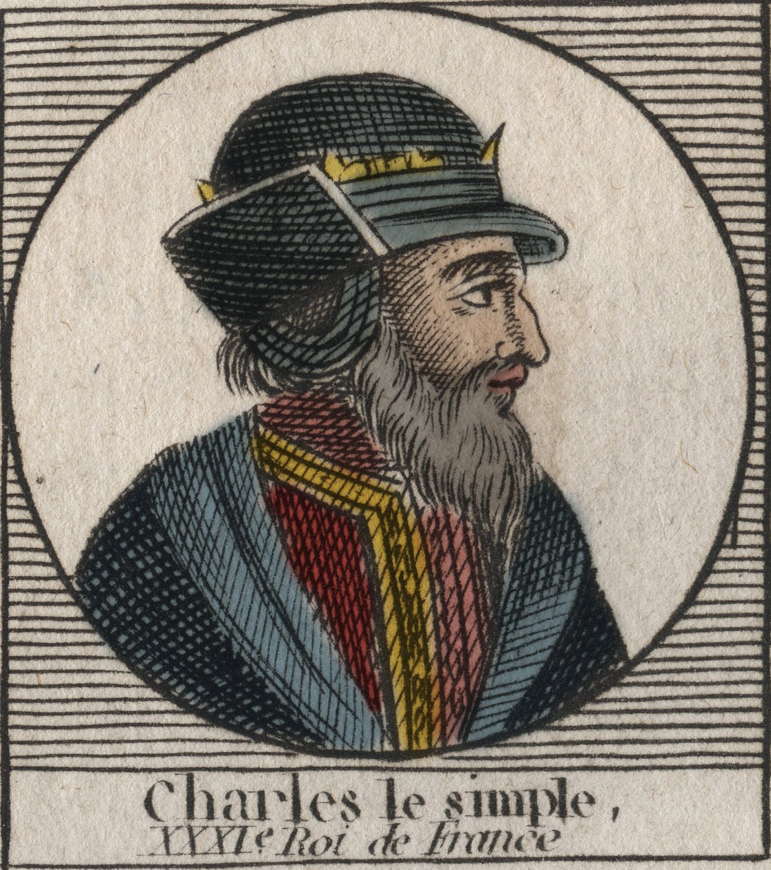 Kaarle III:n muotokuvassa lukee Yksinkertainen (879-929) frangien kuningas - KARLES III (879-929) - Kaarle Yksinkertainen - Ranskan kuningas, 893-923 - kaiverrus Charlesin "Instruction sur l