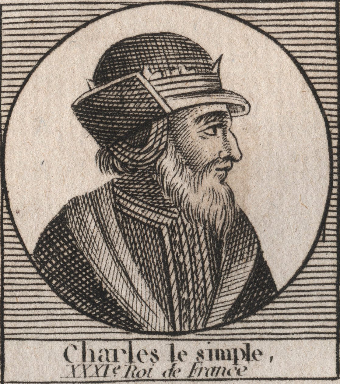 Kaarle III:n muotokuvassa lukee Yksinkertainen (879-929) frangien kuningas - KARLES III (879-929) - Kaarle Yksinkertainen - Ranskan kuningas, 893-923 - kaiverrus Charlesin "Instruction sur l