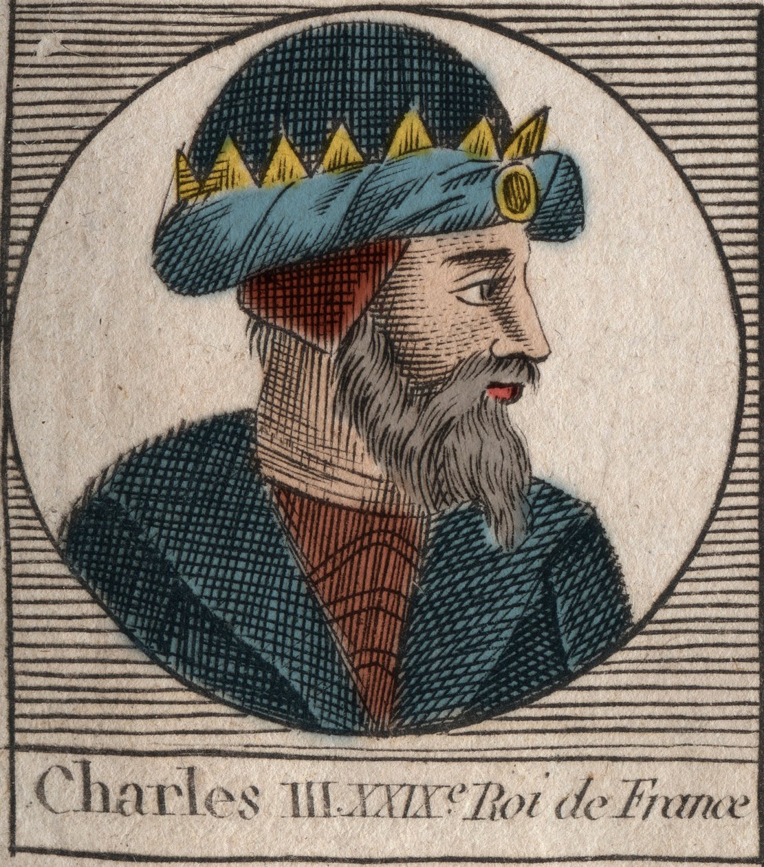 Kaarle III:n muotokuvassa lukee Yksinkertainen (879-929) frangien kuningas - KARLES III (879-929) - Kaarle Yksinkertainen - Ranskan kuningas, 893-923 - kaiverrus Charlesin "Instruction sur l