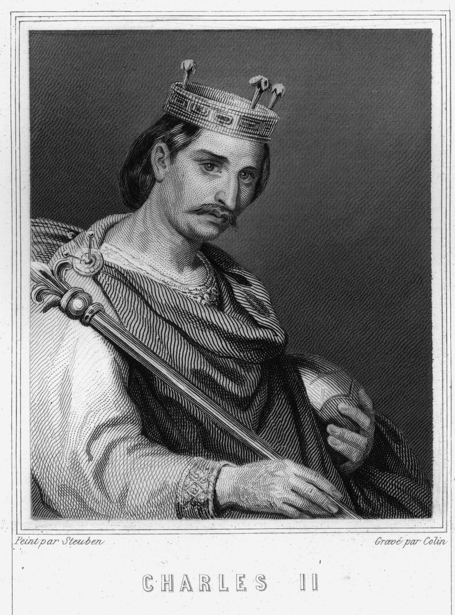 Kaarle II Kaljuun (823 - 877), Ranskan kuninkaan muotokuva - Lavalléen "Histoire des Français" -kirjassa, kaiverrus, sd. tekijältä Unknown artist