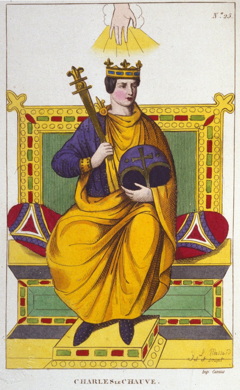 Kaarle II Kalju (823 - 877), Ranskan kuninkaan muotokuva, kaiverrus vuodelta 1830 tekijältä Unknown artist