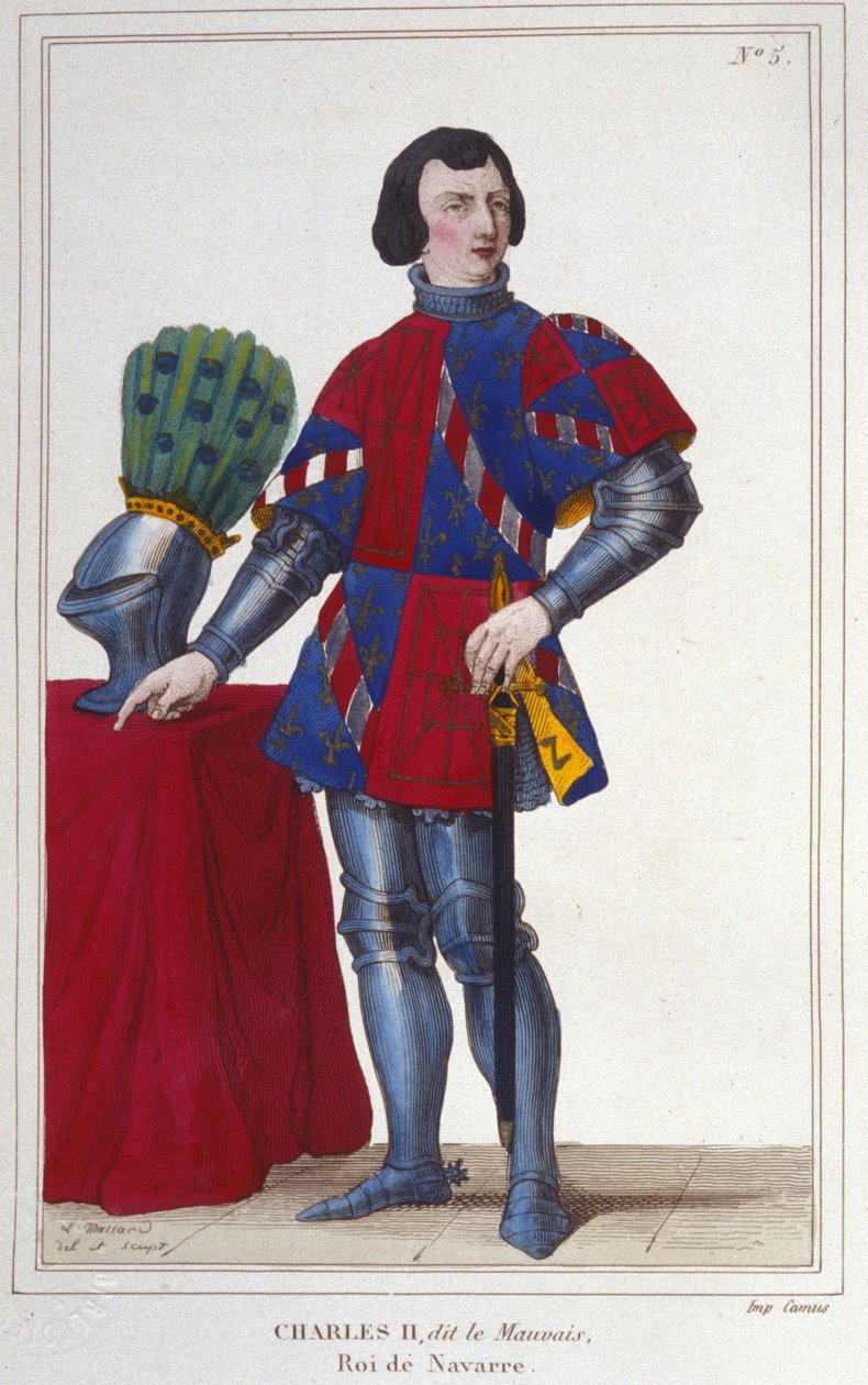 Kaarle II Pahan muotokuva (1332 - 1387). Navarran kuningas - Espanja 1349-1387. Kaiverrus vuodelta 1830 tekijältä Unknown artist