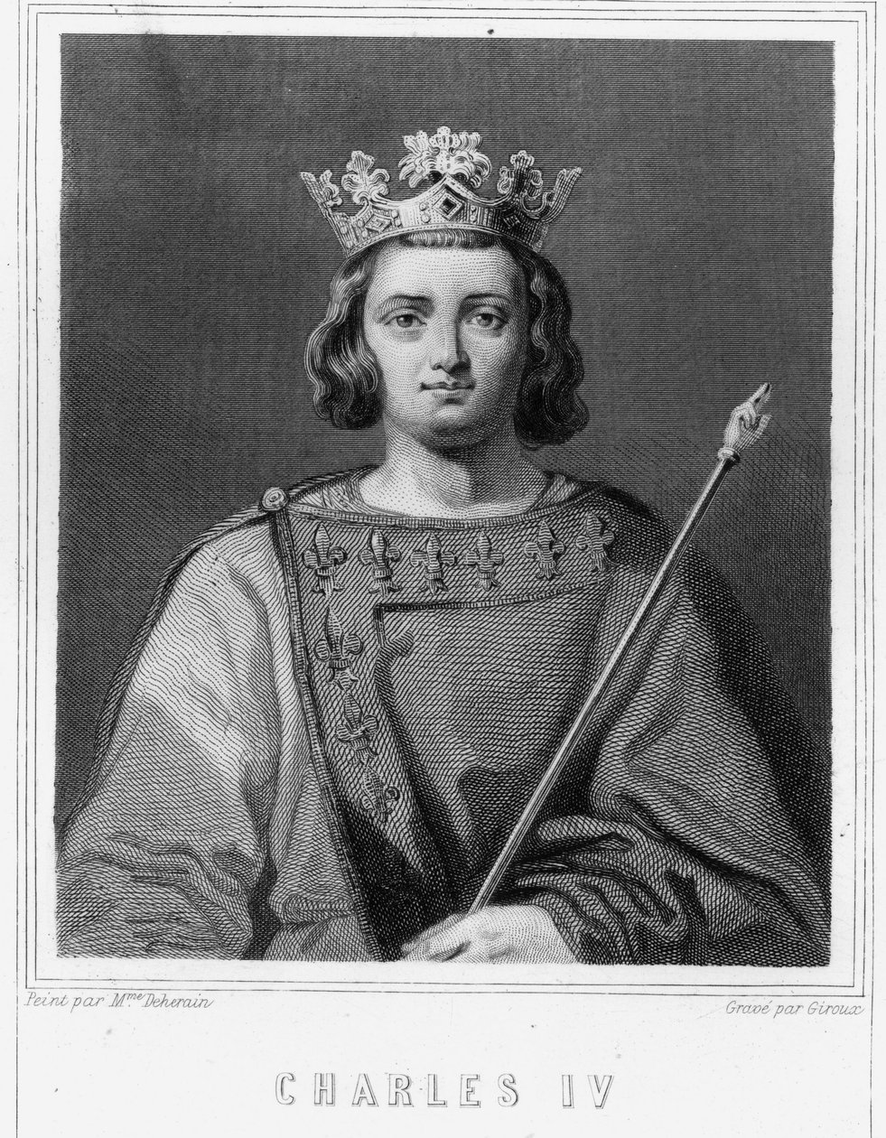 Muotokuva Kaarle IV Belistä (1294 - 1328), Ranskan kuningas - Lavalléen "Histoire des Français" -kirjassa, kaiverrus, sd. tekijältä Unknown artist