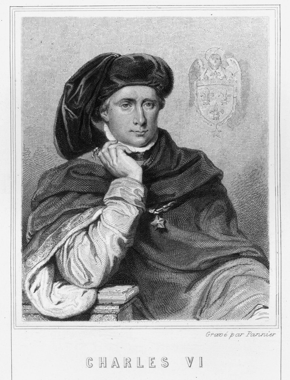 Muotokuva Kaarle VI:stä rakastetusta tai Fousta (1368 - 1422), Ranskan kuninkaasta - Lavalléen "Histoire des Français" -kirjassa, kaiverrus, sd. tekijältä Unknown artist