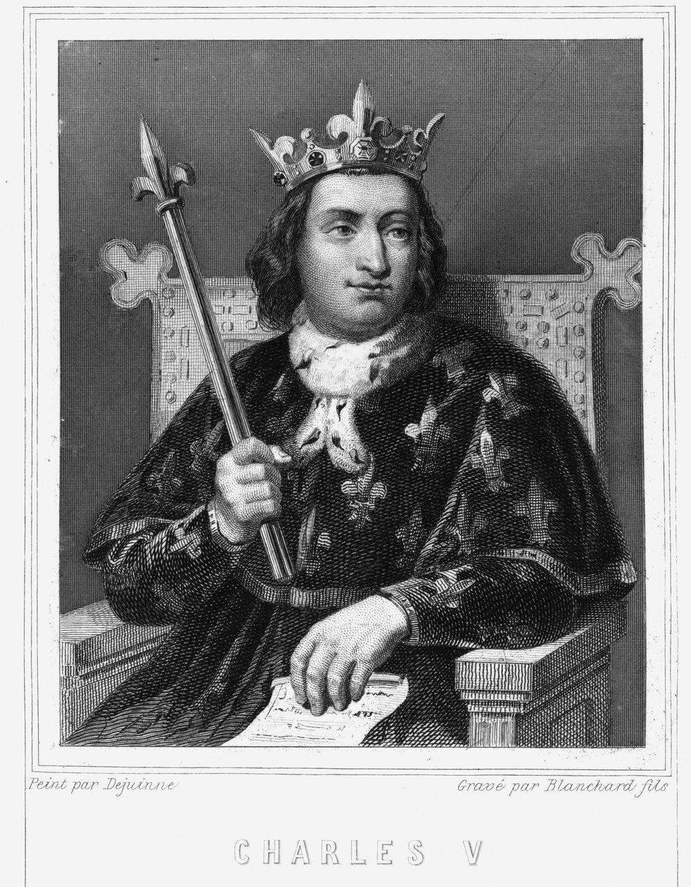 Kaarle V Viisas (1338 - 1380), Ranskan kuninkaan muotokuva - Lavalléen "Histoire des Français" -kirjassa, kaiverrus, sd. tekijältä Unknown artist