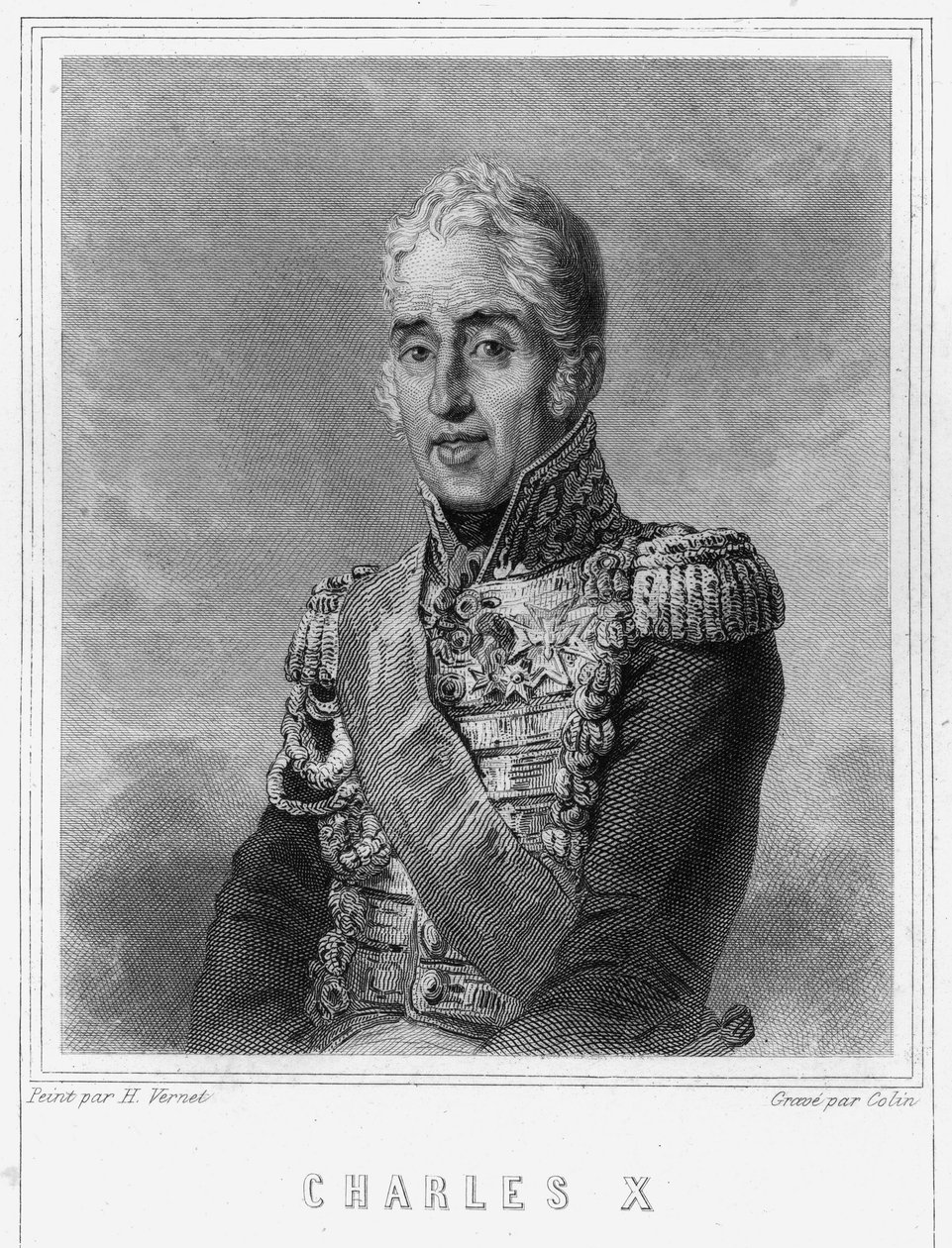 Kaarle X:n (1757 - 1836), Ranskan kuninkaan muotokuva - Lavalléen "Histoire des Français" -kirjassa, kaiverrus, sd. tekijältä Unknown artist