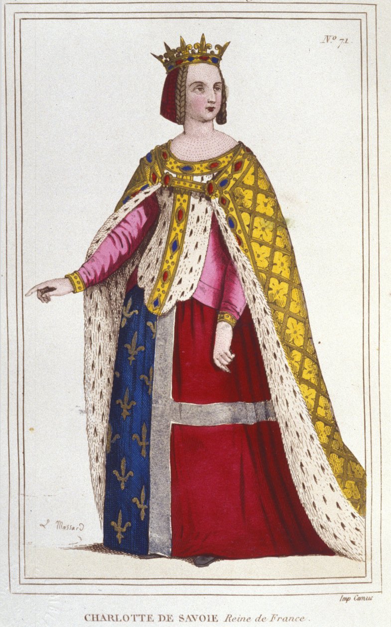 Charlotte de Savoyn muotokuva 1445 -1483 Ranskan kuningatar 1461-1483 Ludvig XI:n (Le Prudent) morsian vuonna 1451 tehdyssä kaiverruksessa vuodelta 1830 tekijältä Unknown artist
