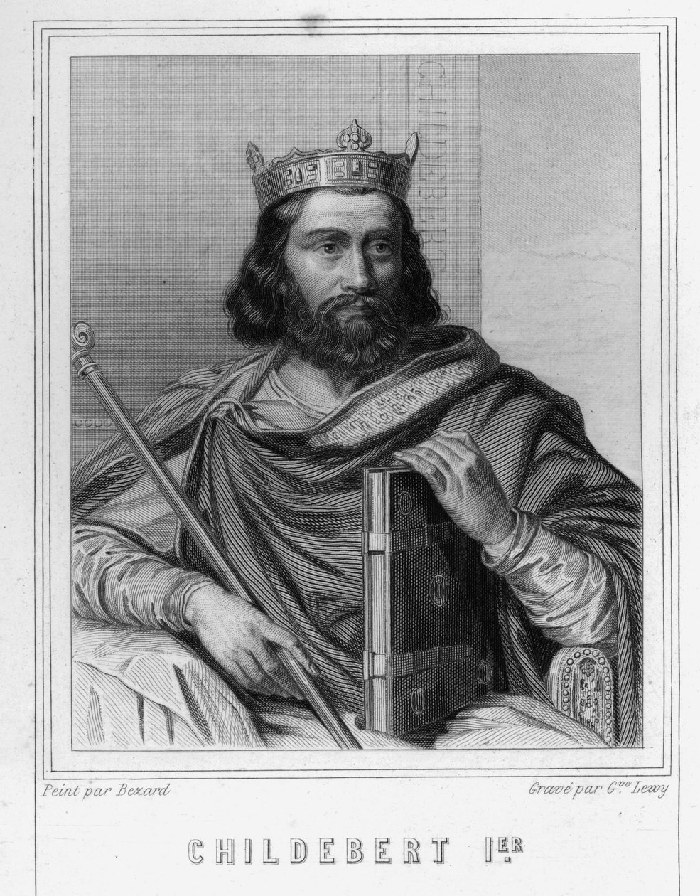 Muotokuva Childebert I:stä (v. 495 - 558), Pariisin kuninkaasta - Lavalléen "Histoire des Français" -kirjassa, kaiverrus, sd. tekijältä Unknown artist