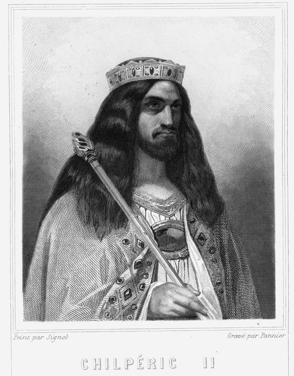 Neutrian kuninkaan Childeric III (v. 670 - 721) muotokuva - Lavalleen "Histoire des Francais" -kirjassa, kaiverrus, sd. tekijältä Unknown artist