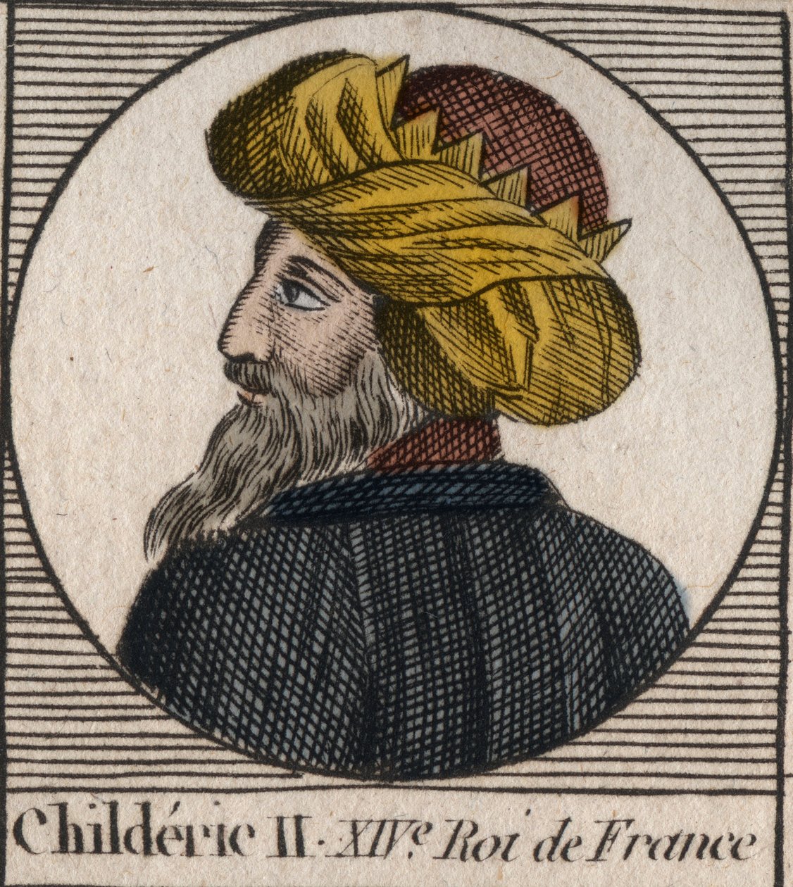 Childeric II:n muotokuva, frangien kuningas 670–673 – CHILDERIC II 655–675 Ranskan ja Austraasian kuningas merovingi – kaiverrus Charles Constant Le Tellierin kirjasta ”Instruction sur l