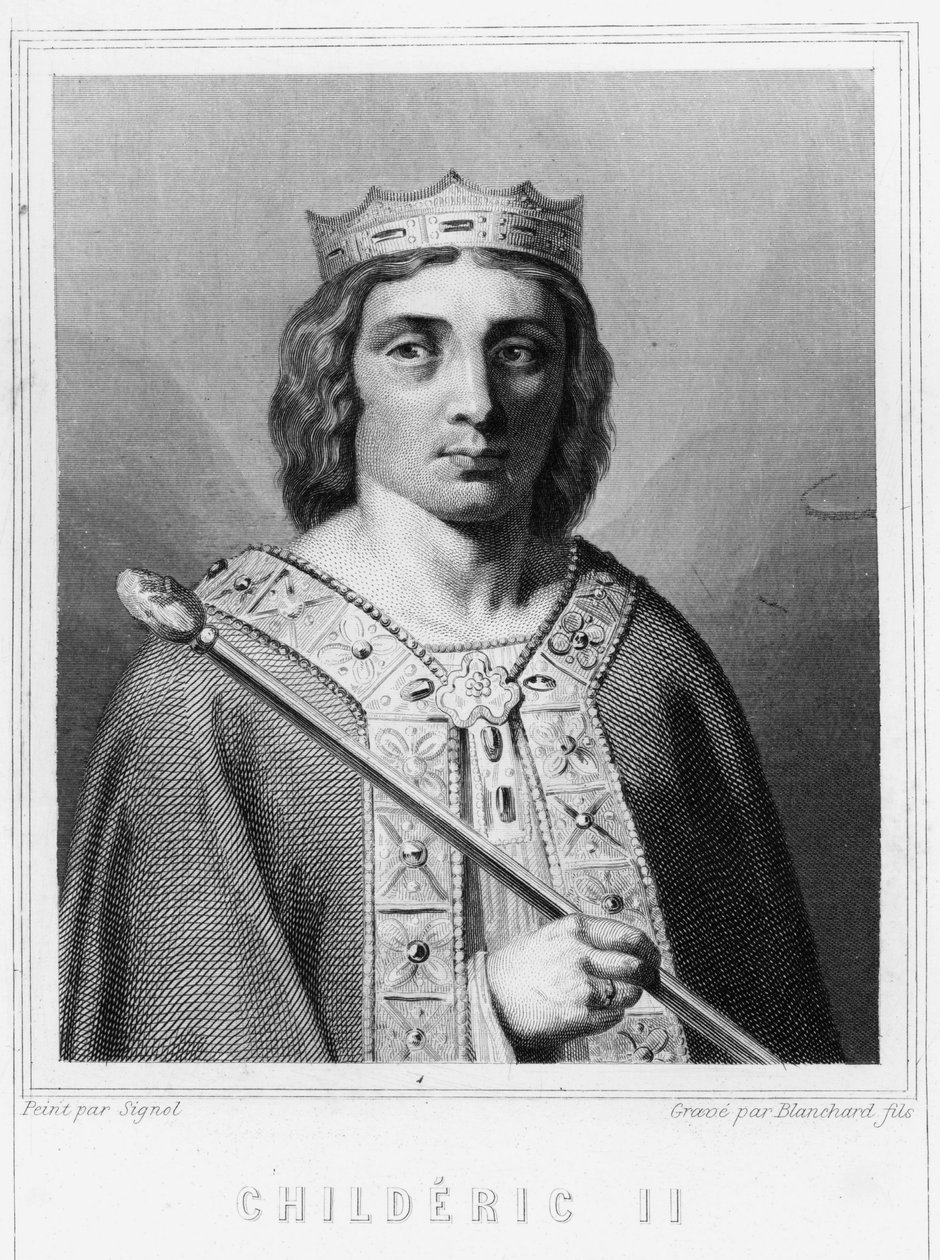 Muotokuva Childeric II:sta (v. 653 - 675), Austrasian kuninkaan julkaisussa Lavalléen "Histoire des Français", kaiverrus, sd. tekijältä Unknown artist