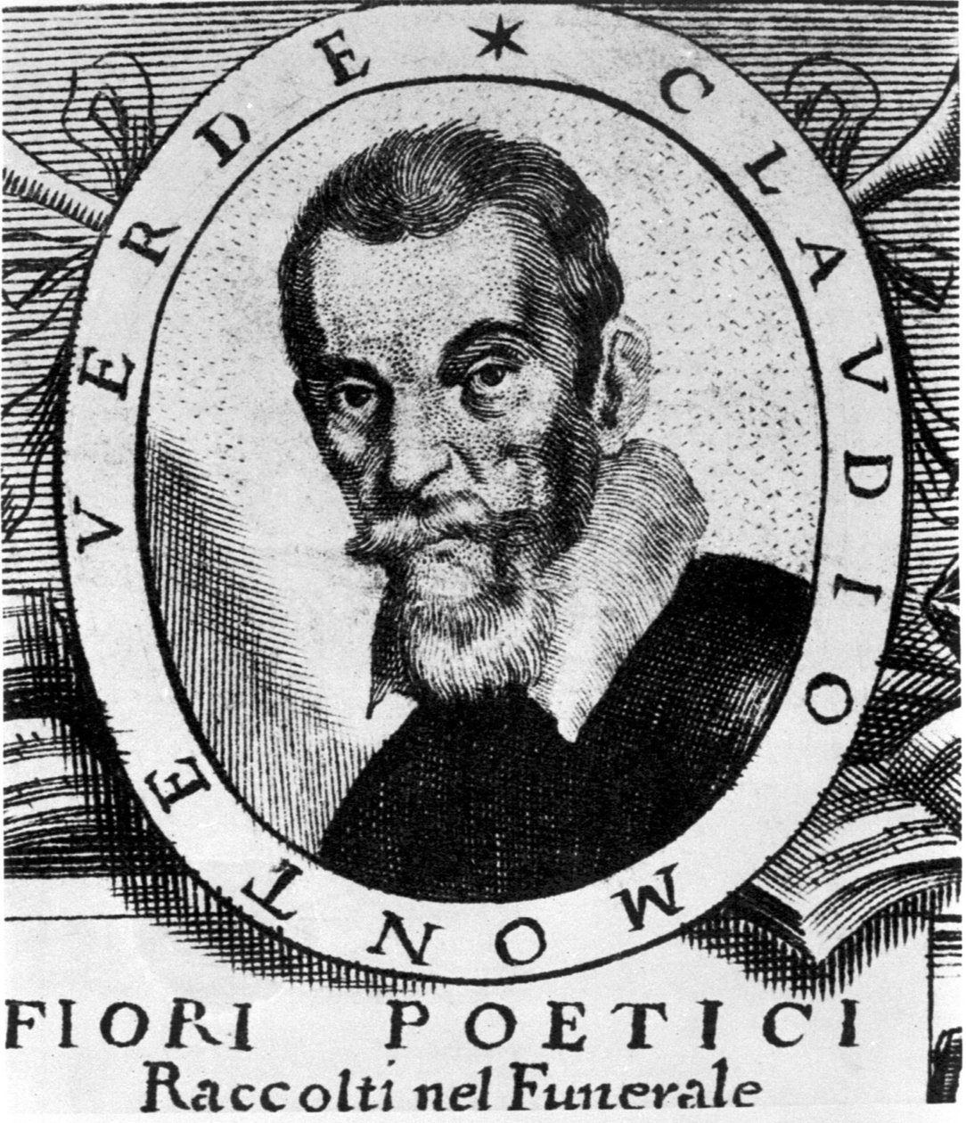 Claudio Monteverdin (1567 - 1643) muotokuva Fiori poeticin esikuvan jälkeen, joka on kerätty erittäin maineikkaan ja kunnioitetun signor Claudio Monteverdin hautajaisissa, julkaistiin Venetsiassa vuonna 1644. tekijältä Unknown artist
