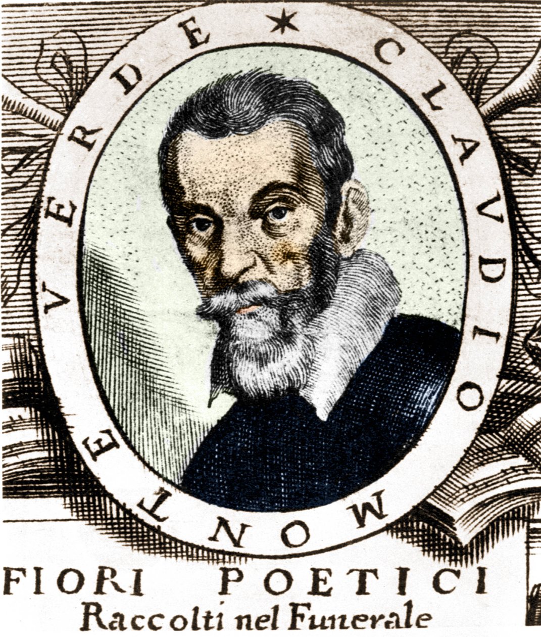 Claudio Monteverdin muotokuva erittäin maineikkaan ja kunnioitetun signor Claudio Monteverdin hautajaisissa kerättyjen runollisten kukkien etulevyn jälkeen, julkaistu Venetsiassa vuonna 1644. tekijältä Unknown artist