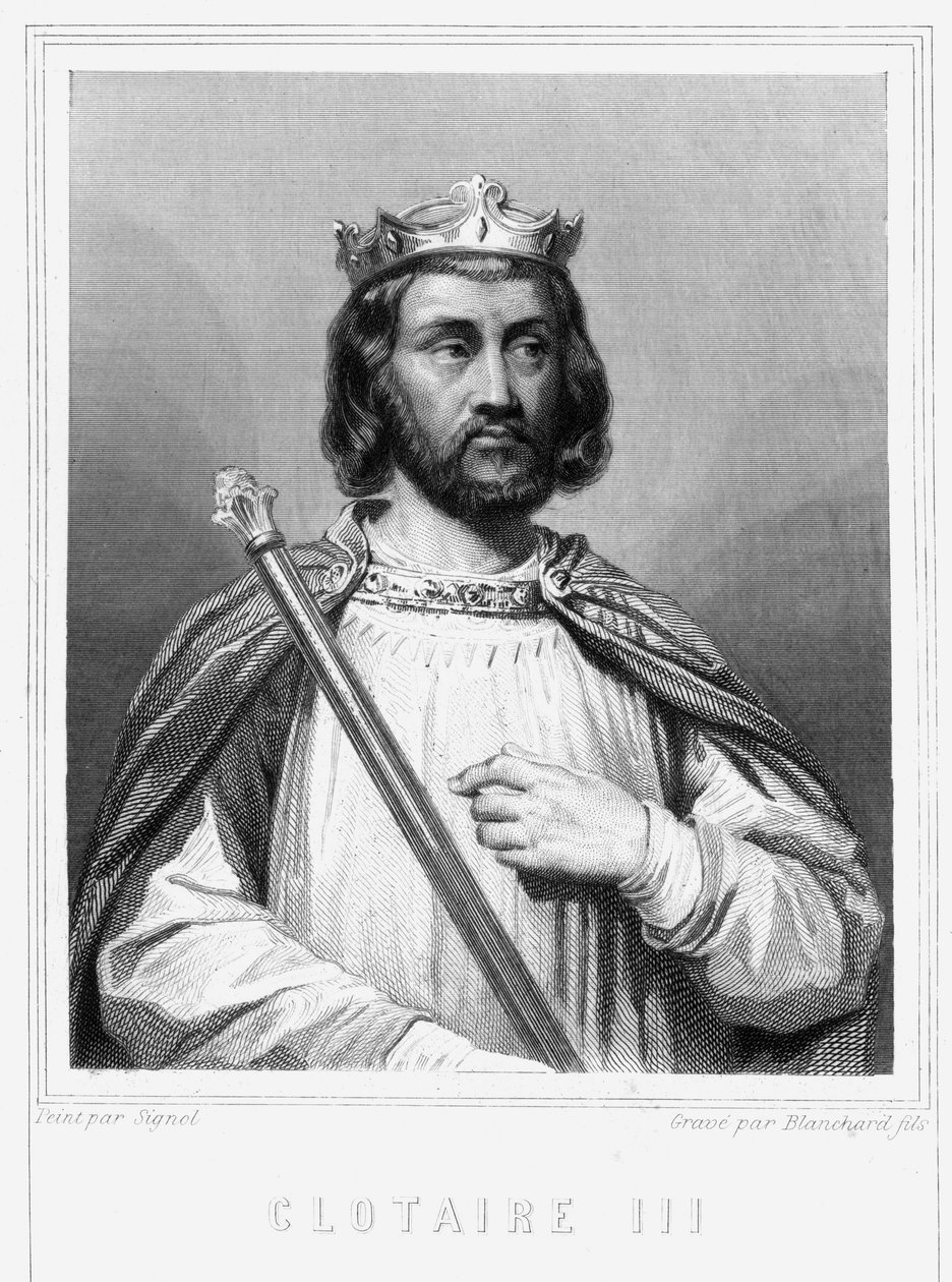 Clotaire (Clothaire) III (652 - 673), Neutrian ja Burgundin kuninkaan muotokuva - Lavalléen "Histoire des Français" -kirjassa, kaiverrus, sd. tekijältä Unknown artist