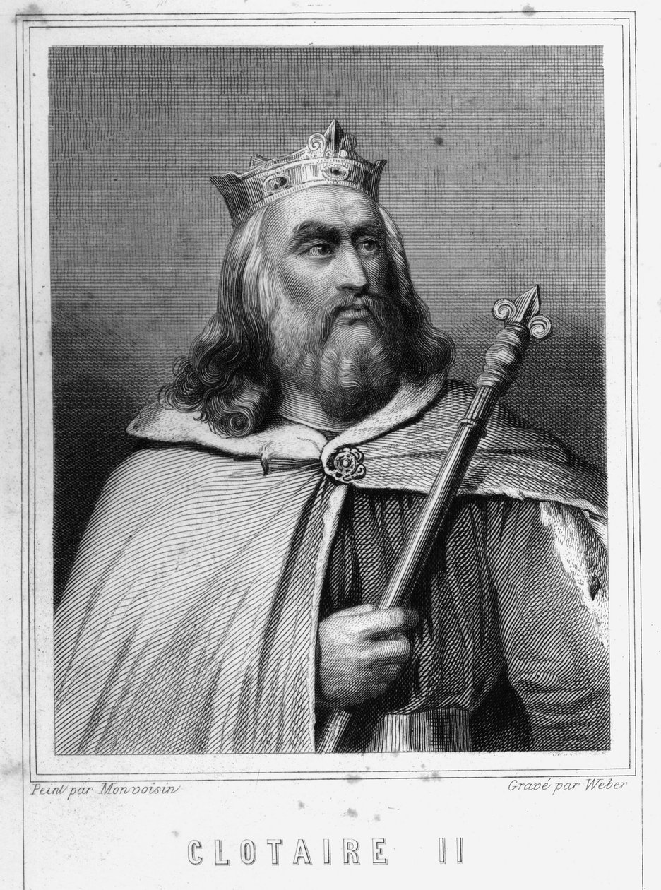Clotaire (Clothaire) II:n (584 - 628), Neutrian kuninkaan ja frangien kuninkaan muotokuva - Lavalléen "Histoire des Français" -kirjassa, kaiverrus, sd. tekijältä Unknown artist