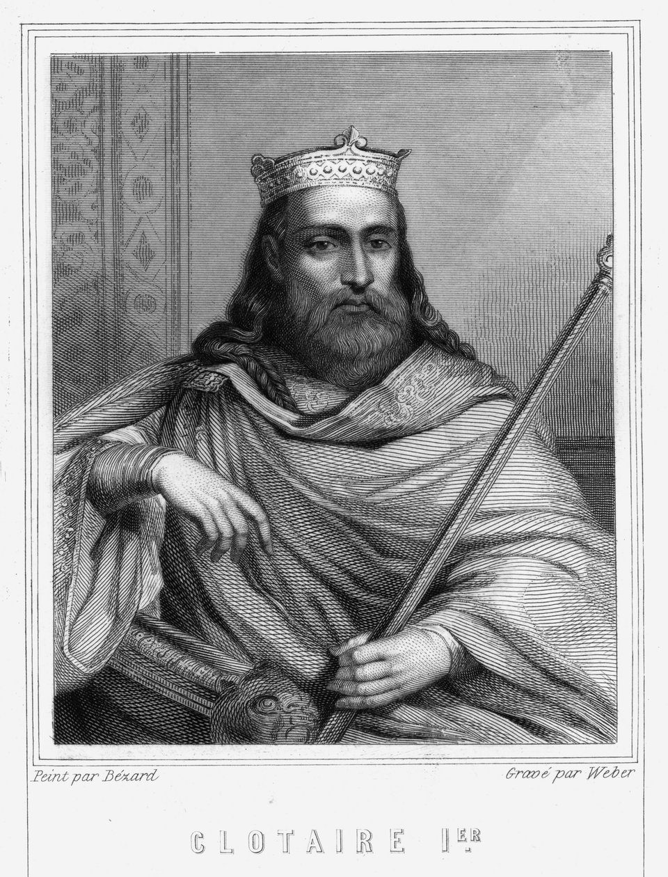 Clotaire (Clothaire) I (497 - 561), Neutrian kuninkaan ja frangien kuninkaan muotokuva - Lavalléen "Histoire des Français" -kirjassa, kaiverrus, sd. tekijältä Unknown artist