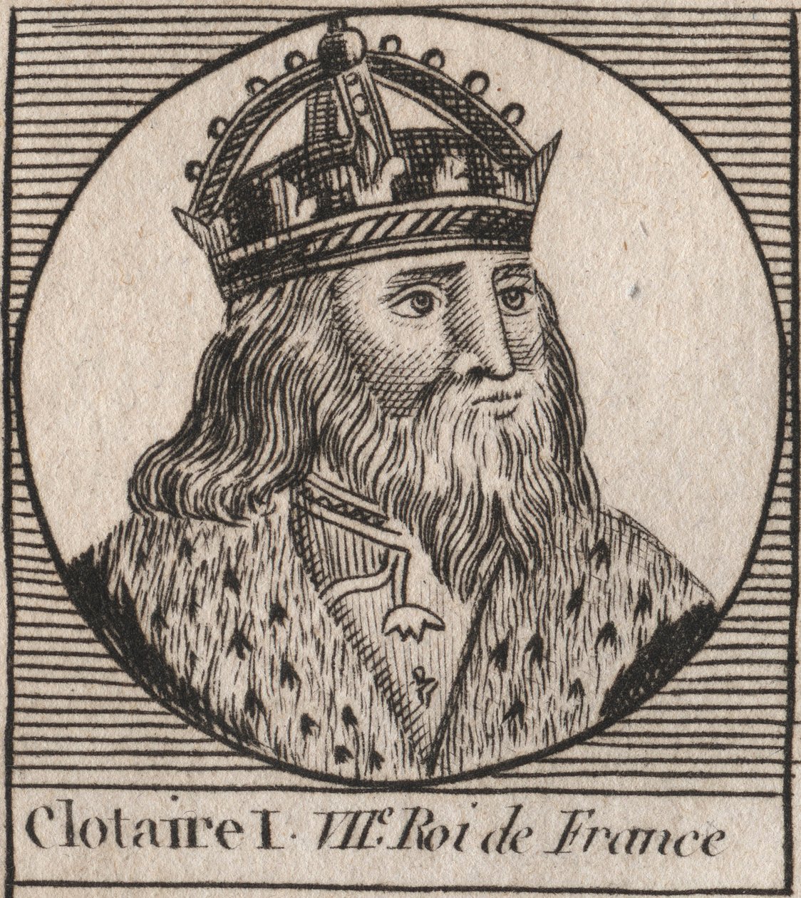 Clothaire I:n (497 - 561), Neutrian kuninkaan ja frankkien kuninkaan muotokuva - Clothar I, frankkien kuningas - kaiverrus Charles Constant Le Tellierin kirjasta "Instruction sur l
