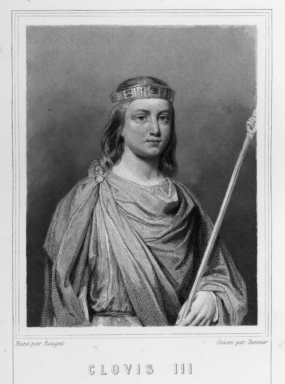 Clovis III:n (? - 695), Austraasian kuninkaan muotokuva - Lavalléen "" Histoire des Français" -kirjassa, kaiverrus, sd. tekijältä Unknown artist