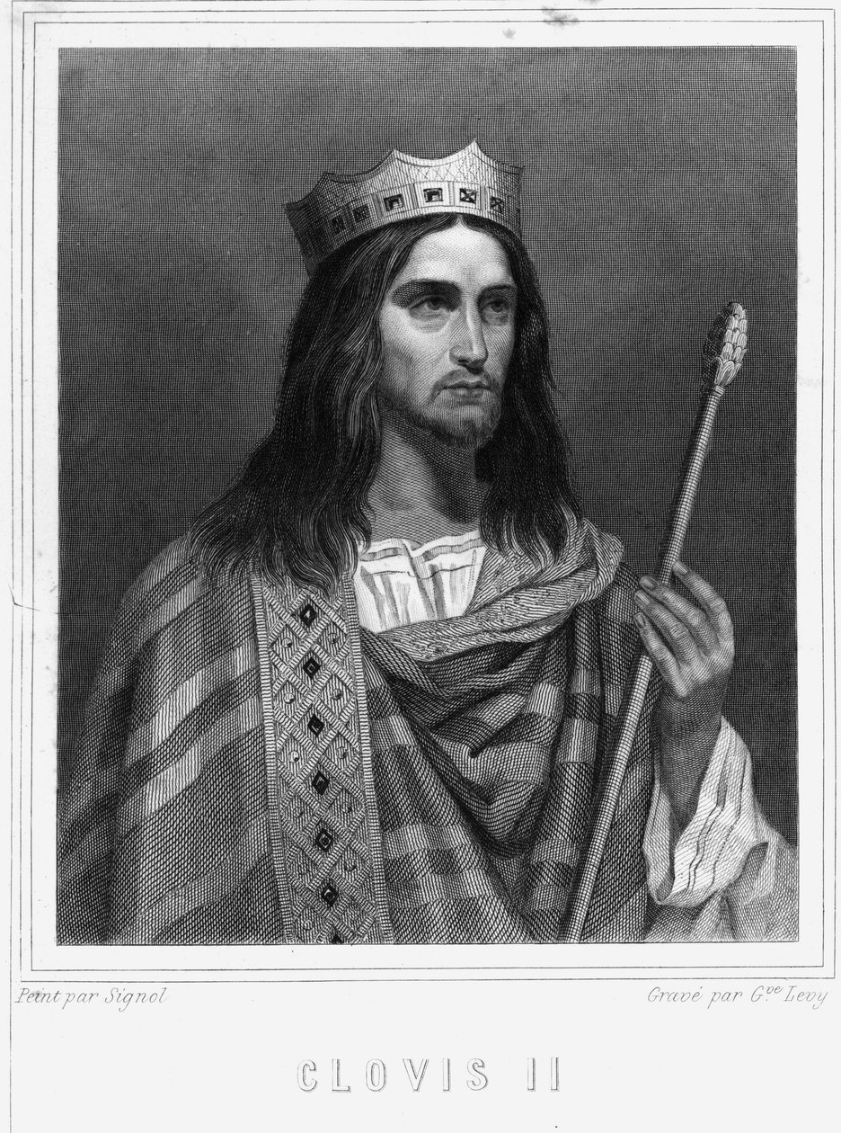 Neutrian, Burgundin ja Austrasien kuninkaan Clovis II:n (? - 657) muotokuva - Lavalléen "" Histoire des Français" -kirjassa, kaiverrus, sd. tekijältä Unknown artist