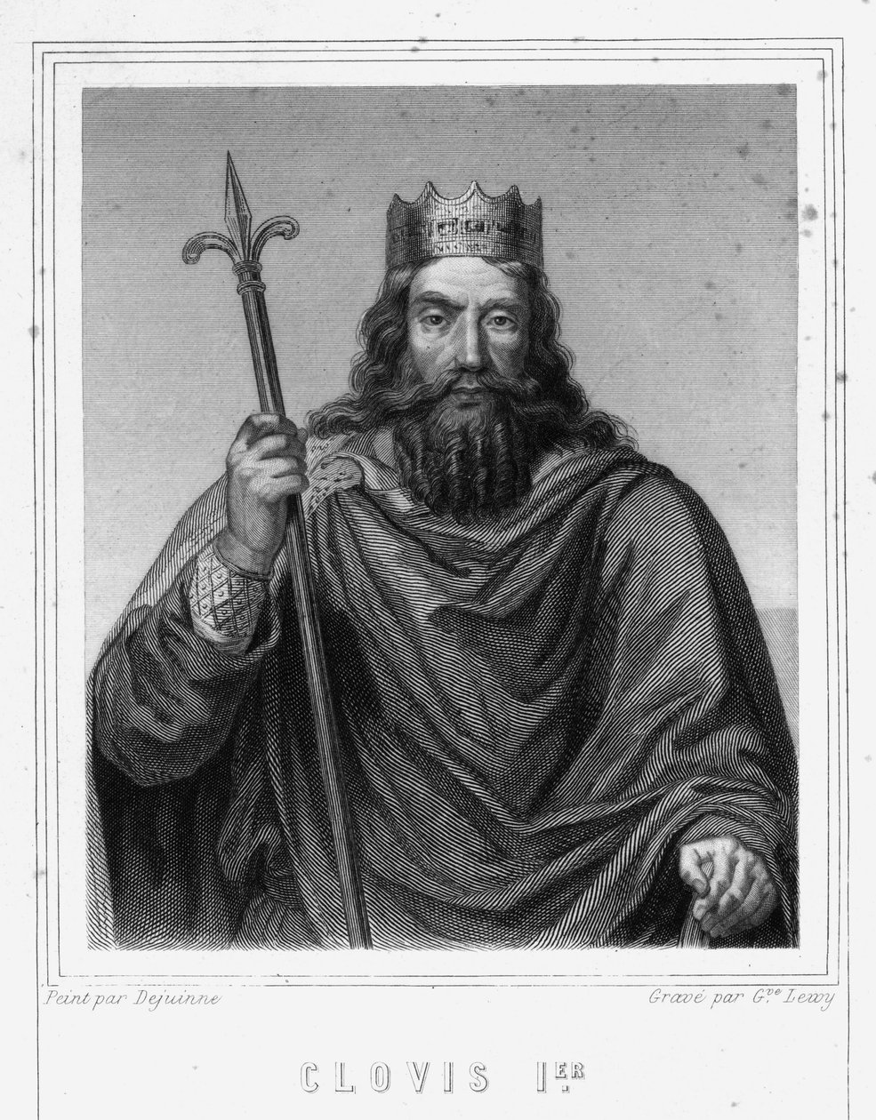 Frankkien kuninkaan Clovis I:n (s. 466 - 511) muotokuva - Lavalléen "Histoire des Français" -kirjassa, kaiverrus, sd. tekijältä Unknown artist