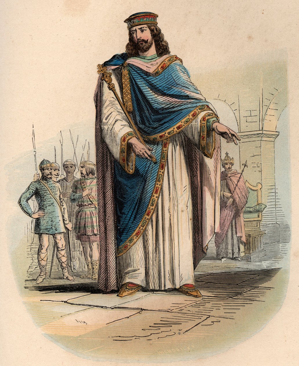 Klovis I:n (jaeet 466 - 511), frankkien kuninkaan muotokuva. Kaiverrus vuodelta 1868 Theodore Justen (1818-1888) teokseen "Histoire de Belgique primitiivistä Leopold I:n hallituskauden loppuun". Yksityinen kokoelma. tekijältä Unknown artist