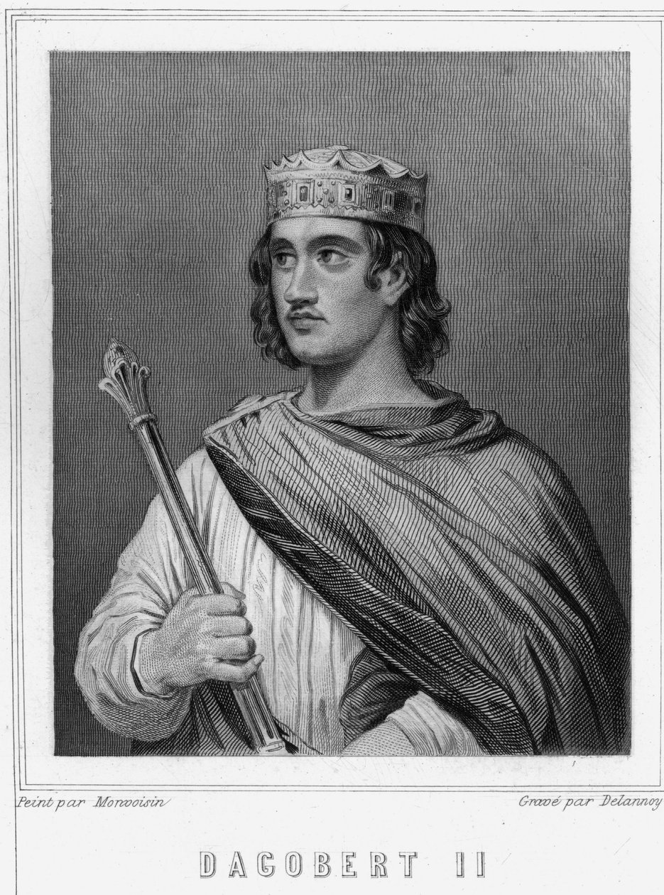 Dagobert II:n (? -?), Austraasian kuninkaan muotokuva - Lavalléen "" Histoire des Français -kirjassa", kaiverrus, sd. tekijältä Unknown artist
