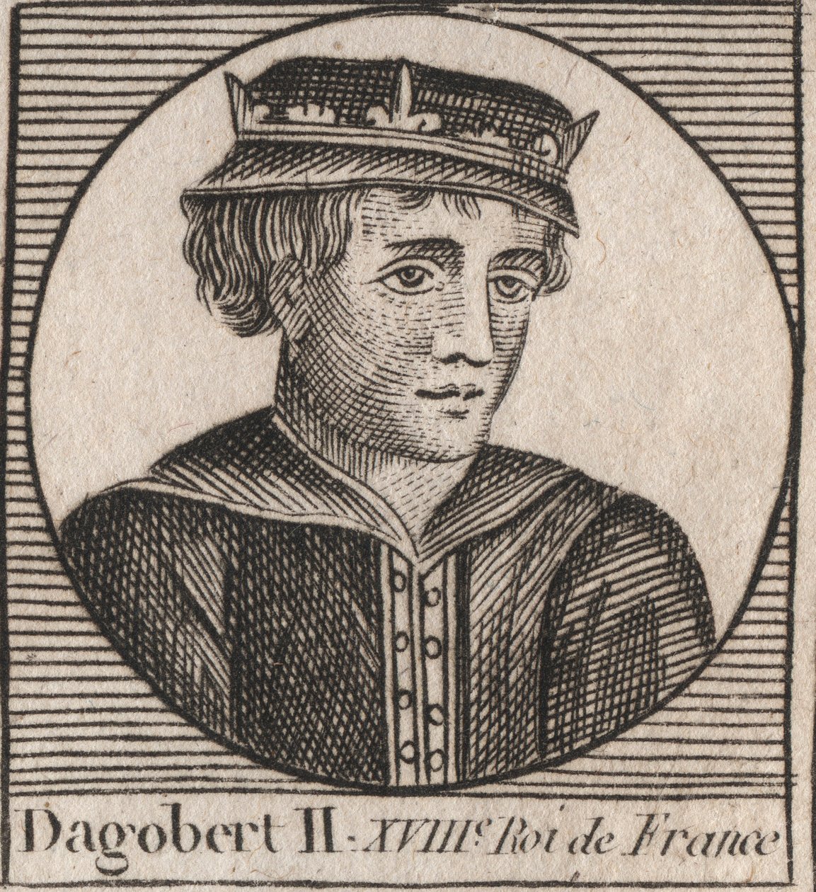 Dagobert II:n, 711a 716 frangien kuninkaan muotokuva - Dagobert II (676-679), Austraasian kuningas - kaiverrus Charles Constant Le Tellierin kirjasta "Instruction sur l