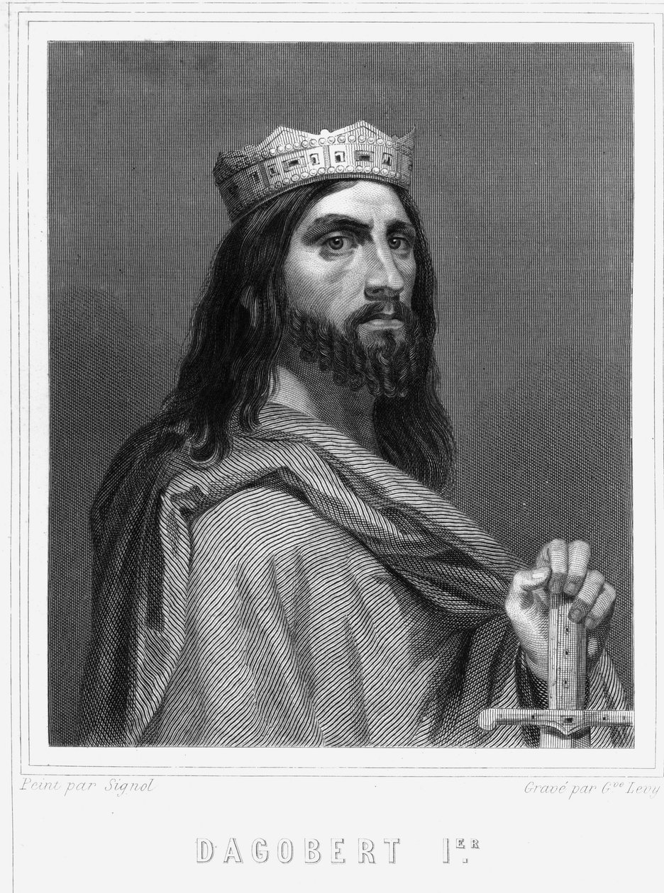 Muotokuva Dagobert I:stä (? -?) frangien kuninkaasta - Lavalléen "" Histoire des Français" -kirjassa, kaiverrus, sd. tekijältä Unknown artist