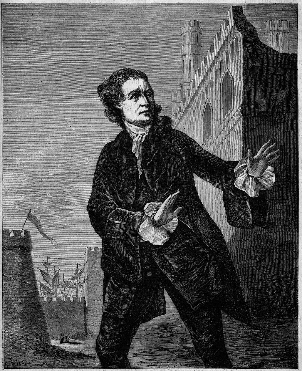 Muotokuva David Garrickista (1717-1779), englantilaisesta koomikosta, Shakespearen "Hamletina". Wilsonin kaiverrus "" Le Magasin viehättävässä"" tekijältä Unknown artist