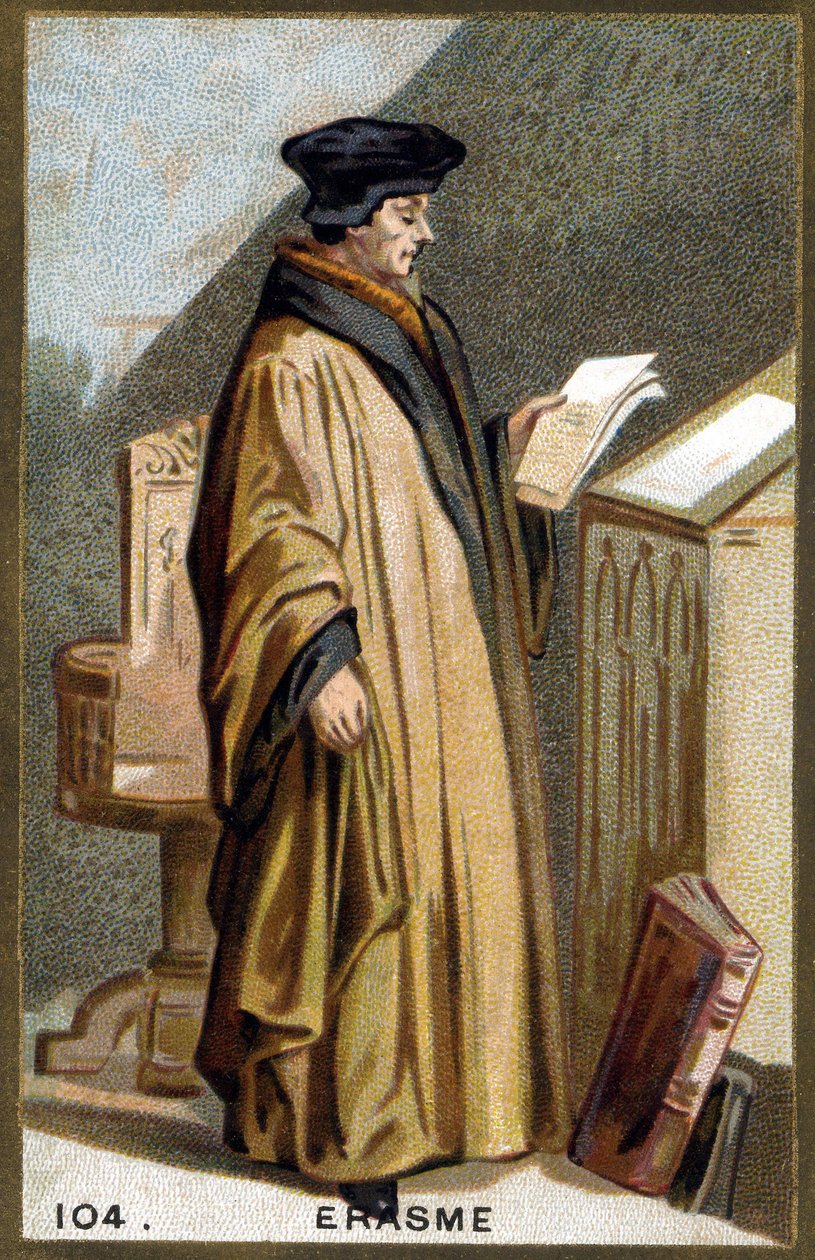 Hollantilaisen humanistin Didier Erasmen (1469-1536) muotokuva. 1800-luvun kromolitografia. tekijältä Unknown artist