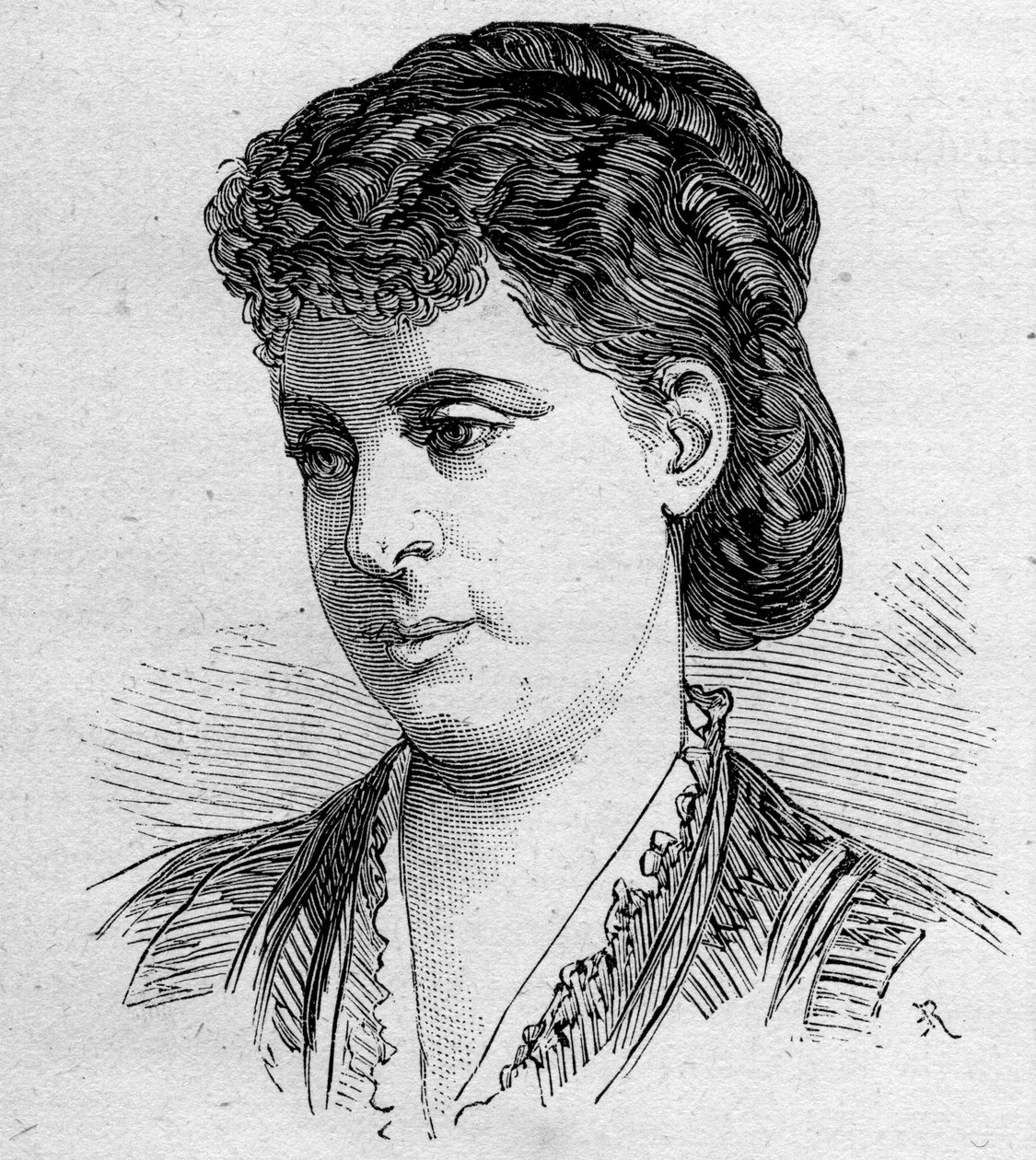 Edile Riquerin muotokuva, ranskalainen koomikko, Comedie Francaisen jäsen 1856–1884. Kaiverrus "" Le Monde Illustré" -julkaisussa n¡1168, 16. elokuuta 1879. tekijältä Unknown artist