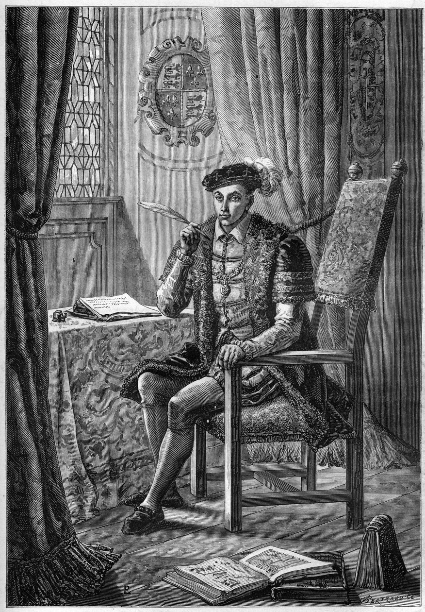 Edward VI:n (1537-53) muotokuva - Englannin ja Irlannin kuninkaan Edward VI:n (1537-1553) muotokuva päiväkirjaansa kirjoittamassa - kaiverrus "L