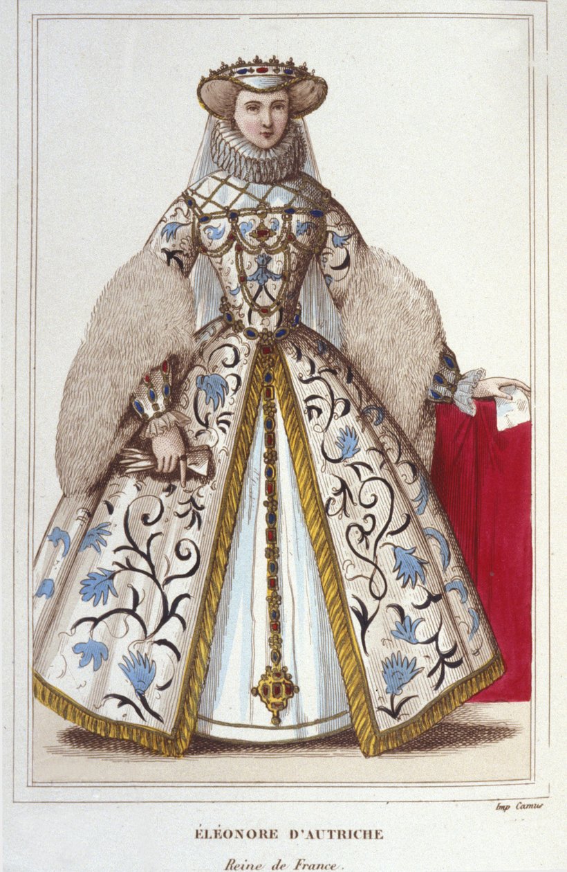 Habsburgin (tai Itävallan) Eleonoren muotokuva (1498-1558). Itävallan arkkiherttuatar, Portugalin kuningatar ja sitten Ranskan kuningatar, Francois I:n toinen vaimo, kaiverrus vuodelta 1830 tekijältä Unknown artist