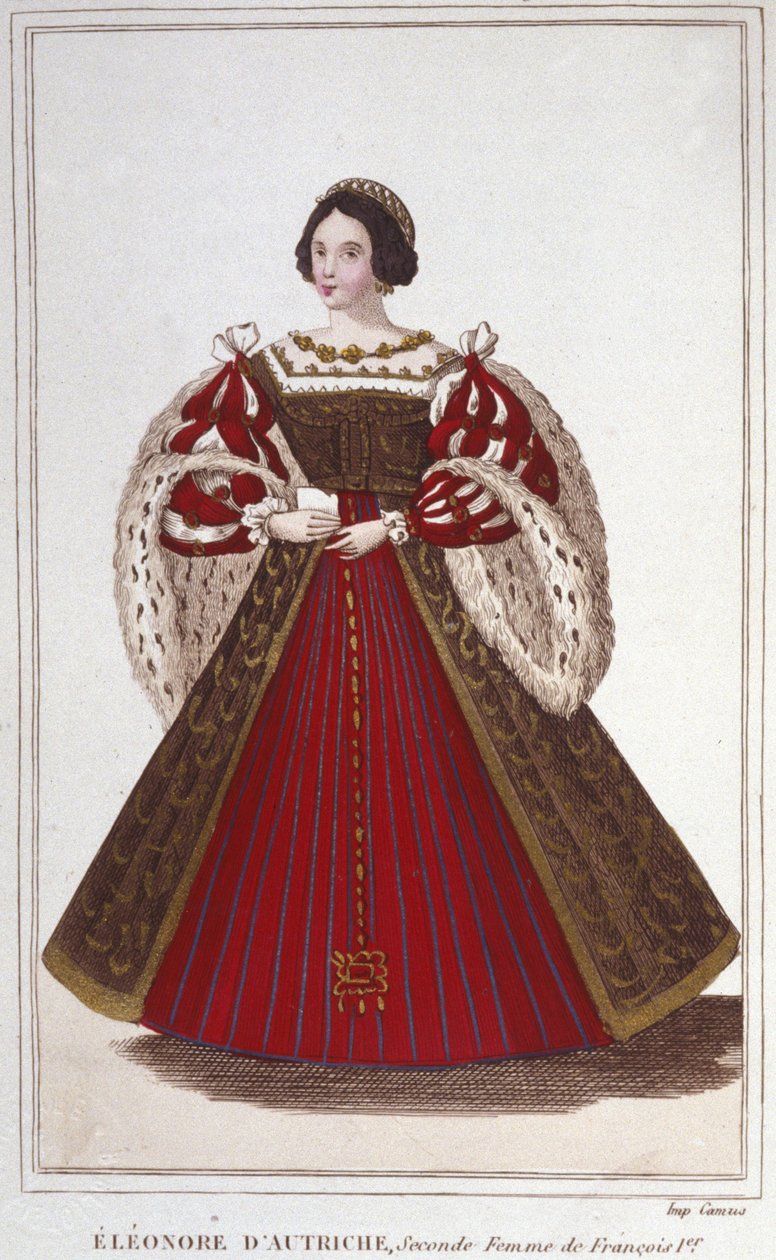 Habsburgin (tai Itävallan) Eleonoren muotokuva (1498-1558). Itävallan arkkiherttuatar, Portugalin kuningatar ja sitten Ranskan kuningatar, Francois I:n toinen vaimo, kaiverrus vuodelta 1830 tekijältä Unknown artist