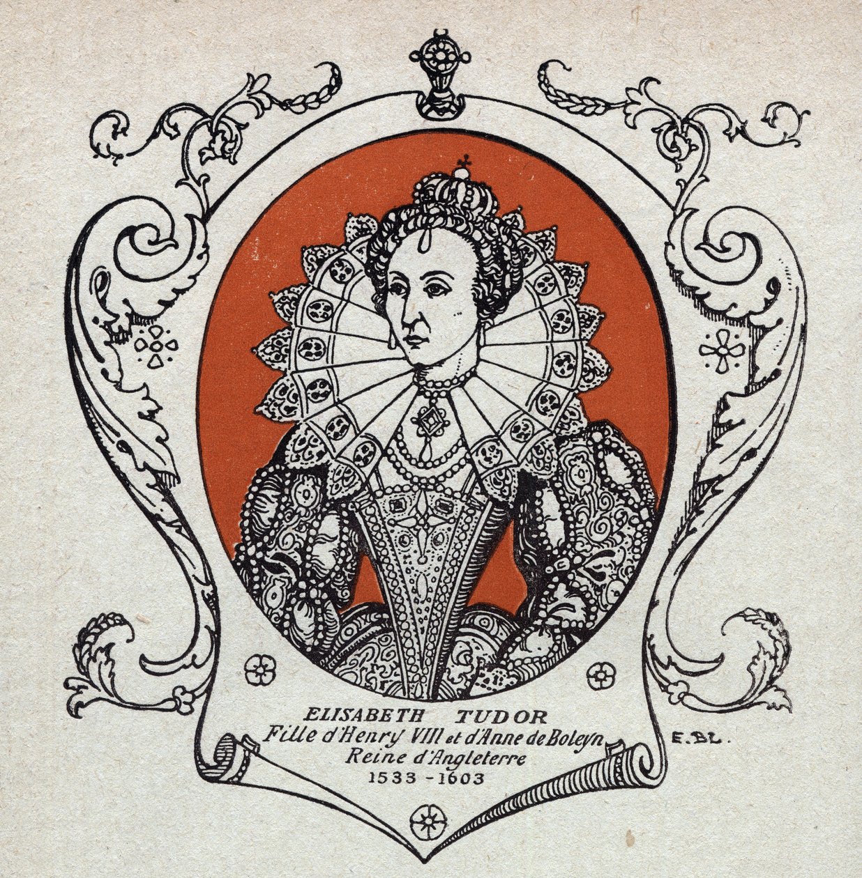 Englannin ja Irlannin kuningattaren Elisabeth Ieren eli Elisabet Tudorin (1533-1603) muotokuva. Kaiverrus vuodelta 1914. Yksityiskokoelma. tekijältä Unknown Artist