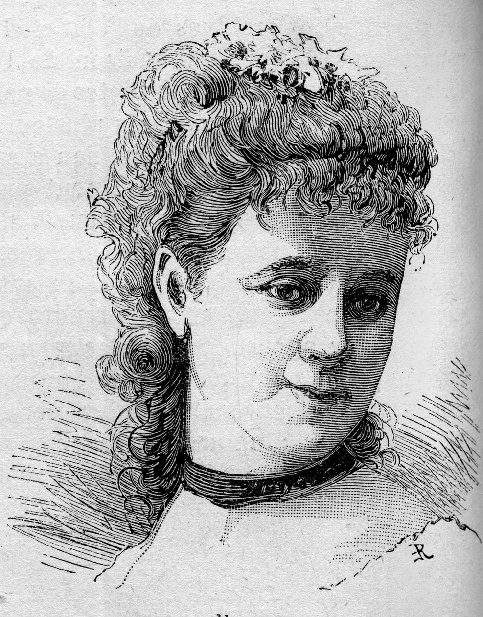 Muotokuva Emilie Broisatista (1848-1929), ranskalaisesta koomikosta, Comedie Francaisen jäsenestä. Kaiverrus "" Le Monde Illustré" -julkaisussa n¡1168, 16. elokuuta 1879. tekijältä Unknown artist