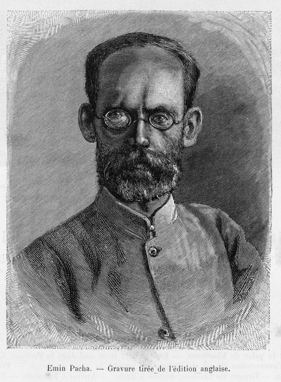 Muotokuva Emin Pashasta (Isaac Edward Schnitzer 1840-1892), lääkäri, luonnontieteilijä, tutkimusmatkailija ja Egyptin Equatorian maakunnan kuvernööri. Kaiverrus, havainnollistamaan tarinaa Afrikan varjoissa, Emin Pacha löysi tutkimuksen ja vetäytyi tekijältä Unknown artist