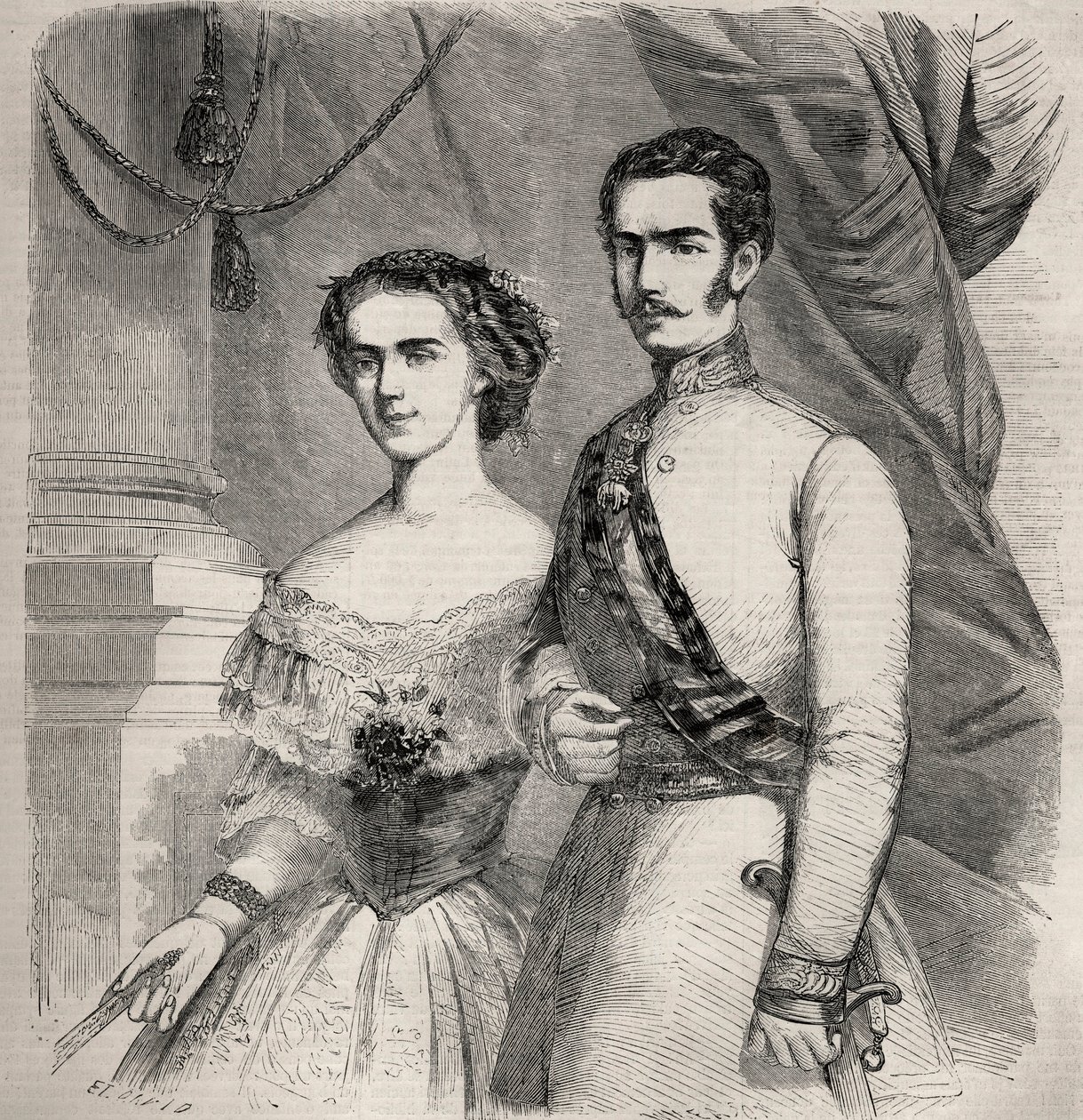 Itävallan keisari Francois Joseph (Francois Joseph) I (1830-1916) ja hänen vaimonsa Elisabeth of Wittelsbach (1837-1898) (sissi) muotokuva. Kaiverrus "Le Monde illustrious" -kirjoitukseen vuodelta 1857. Yksityinen kokoelma. tekijältä Unknown artist