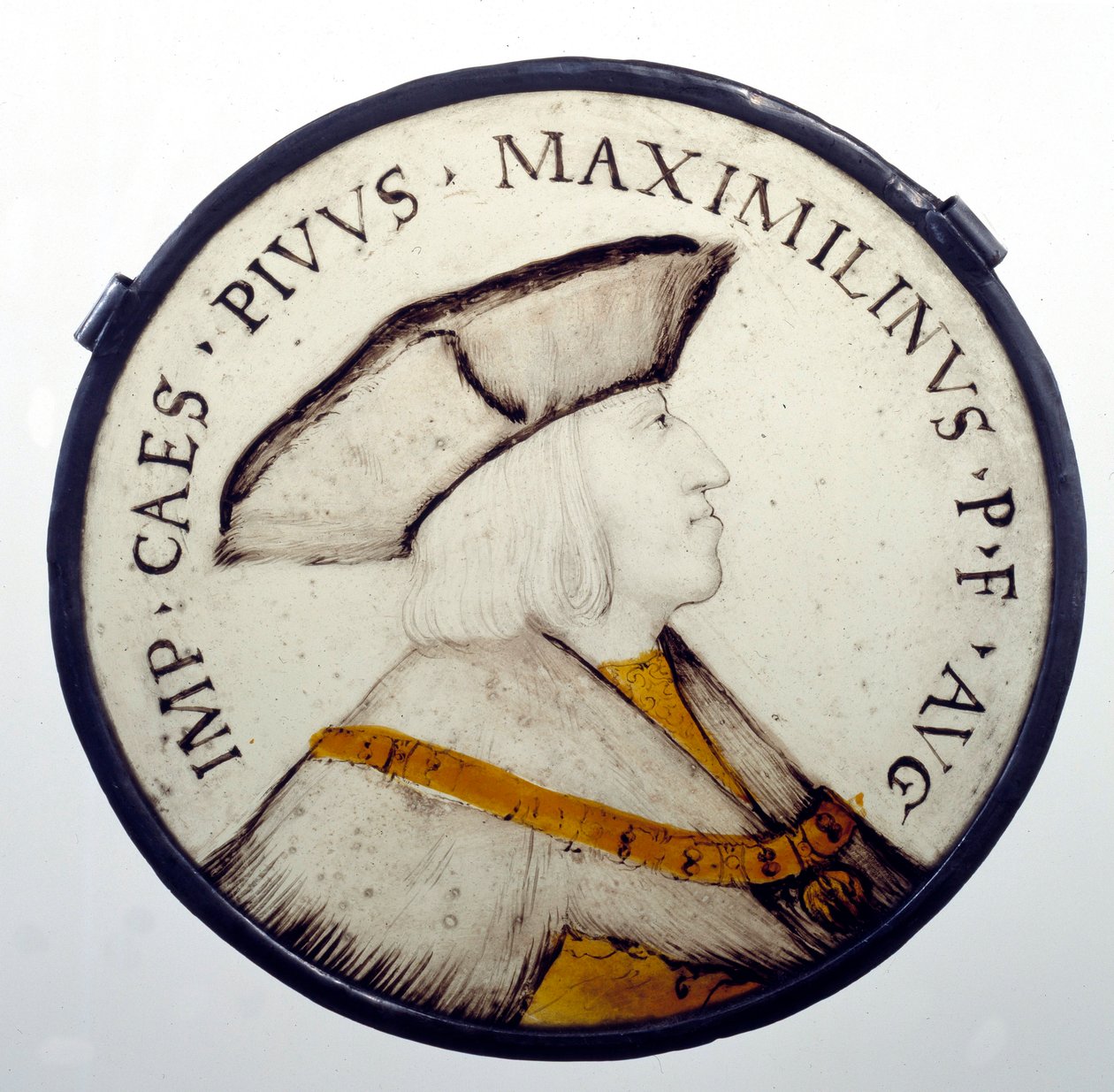 Habsburgin keisari Maximilian I:n (1459-1519) muotokuva. Lasimaalaus 1500-luvulta. Pariisi, Legion d