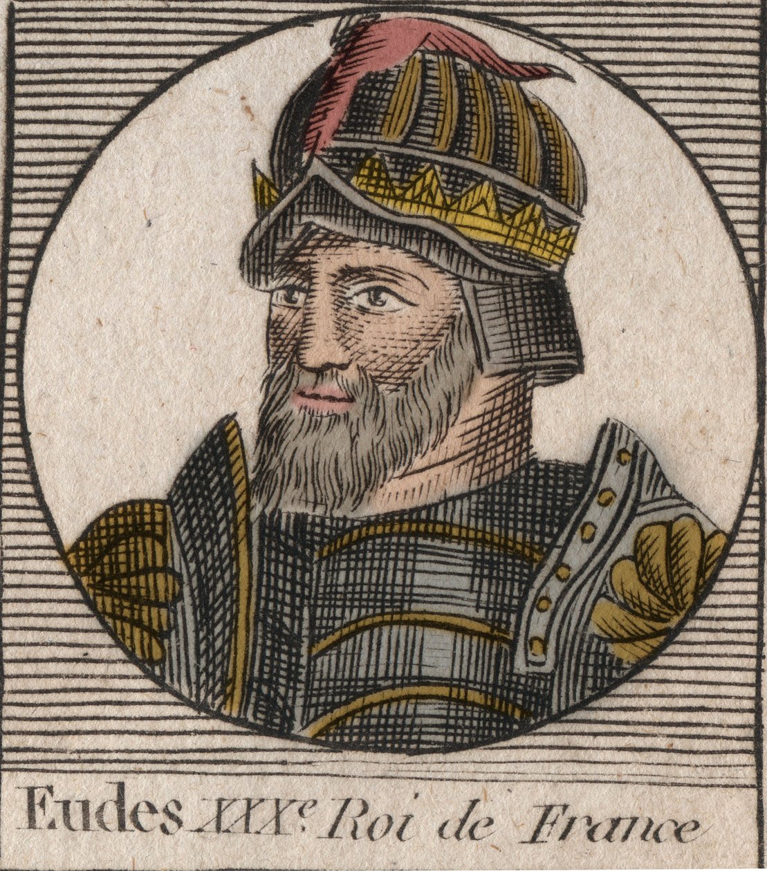 Eudeksen (Odon) muotokuva (v. 860 - 898), Pariisin ja Troyesin kreivi, silloinen Ranskan kuningas - EUDES-pariisin kreivi, joka valittiin Ranskan valtaistuimelle Kaarle keisarin kukistumisen jälkeen - kaiverrus "Instruction sur l