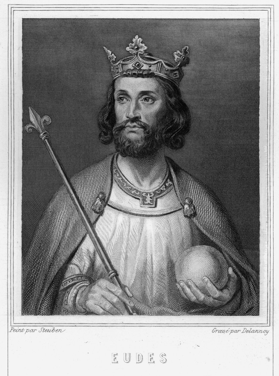 Muotokuva Eudeksesta (Odon) (v. 860 - 898), Pariisin ja Troyesin kreivi, sitten Ranskan kuningas - Lavalléen "Histoire des Français" -kirjassa, kaiverrus, sd. tekijältä Unknown artist