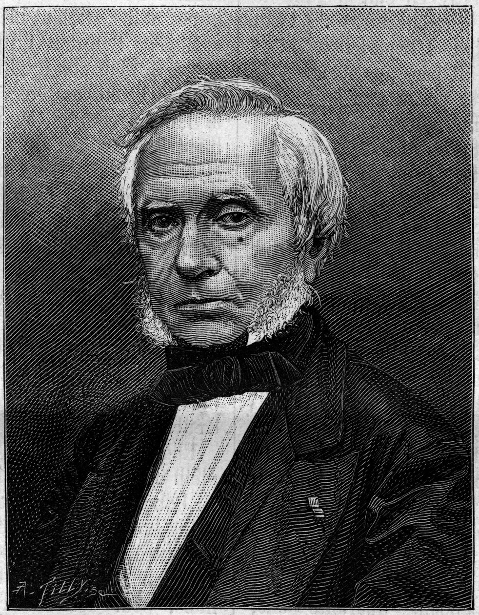 Muotokuva Eugene Bourdonista (1808-1884), ranskalaisesta insinööristä, paineen mittaamiseen tarkoitetun Bourdon-manometrin keksijästä. Kaiverrus "" Luontoon. Katsaus tieteeseen ja sen sovelluksiin taiteeseen ja teollisuuteen. 1884 tekijältä Unknown artist
