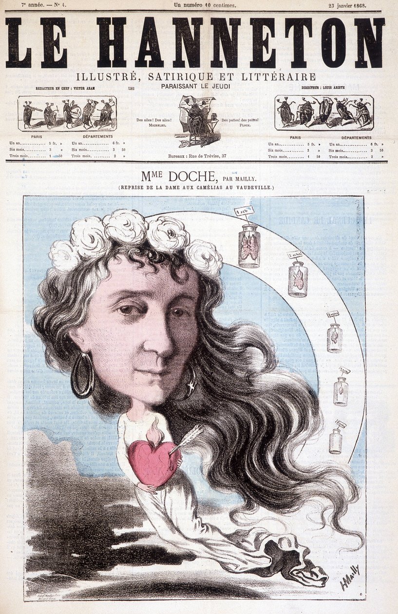 Muotokuva Eugénie Dochesta soittamassa kannessa Vaudeville-teatterissa "La Dame aux Camélias" -elokuvassa, kirjoittanut Alexandre Dumas (poika) vuonna 1852. Le Hannetonissa, 23. tammikuuta tekijältä Unknown artist