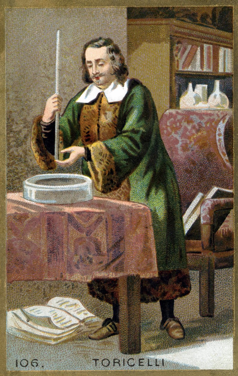 Muotokuva Evangelista Torricelli tai Toricelli (1608 - 1647), italialainen fyysikko hänen keksintö Barometer (elohopeaputki). 1800-luvun kromolitografia. tekijältä Unknown artist