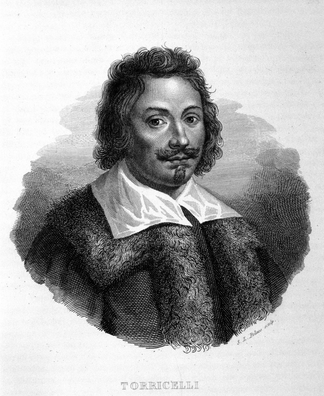 Muotokuva Evangelista Torricelli tai Toricelli (1608 - 1647), italialainen fyysikko. Italialainen kaiverrus 1800-luvulta tekijältä Unknown artist