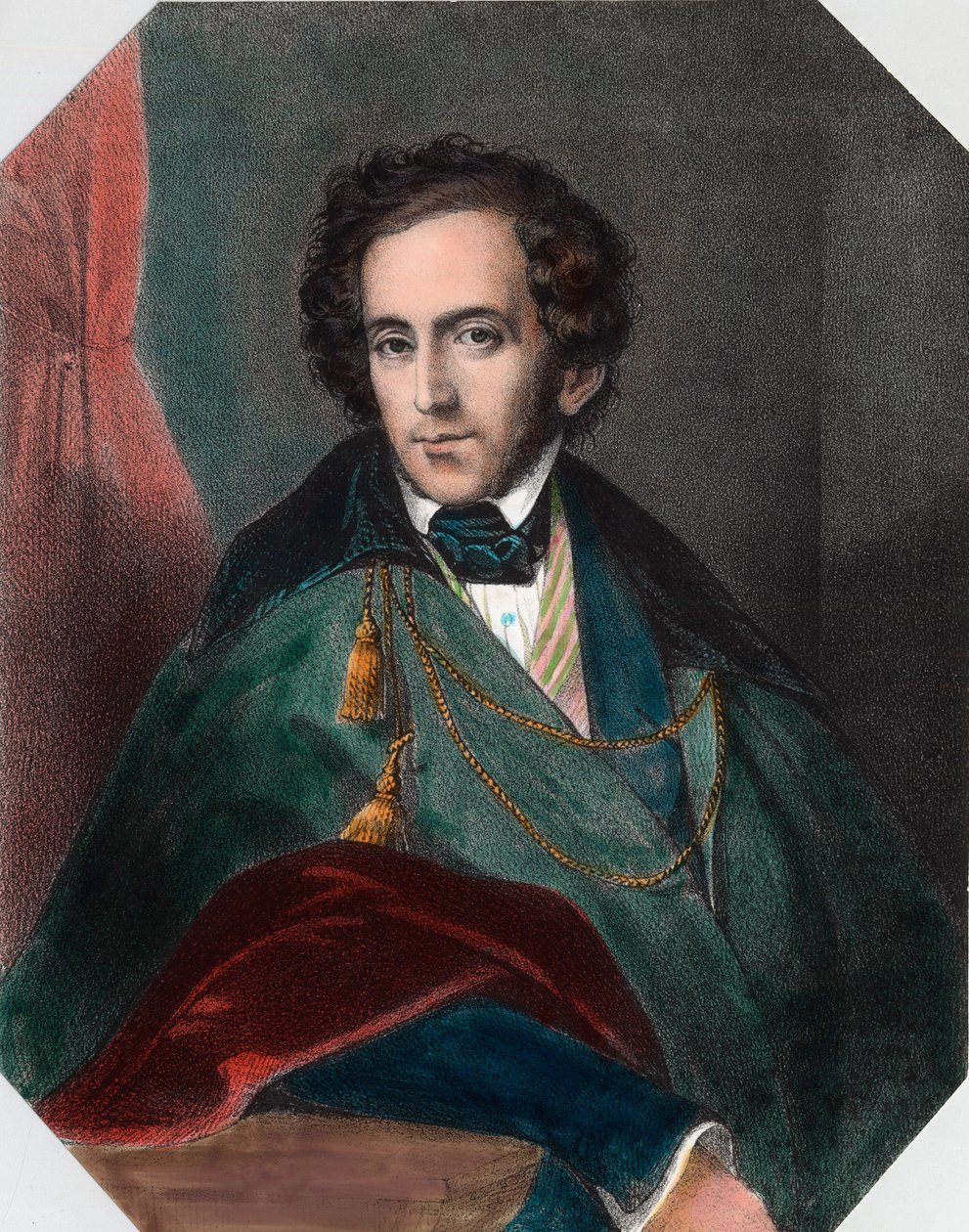Felix Mendelssohnin (1809 - 1847), saksalaisen kapellimestari ja säveltäjän muotokuva. Kaiverrus 1800-luvulta. Yksityinen kokoelma. tekijältä Unknown artist