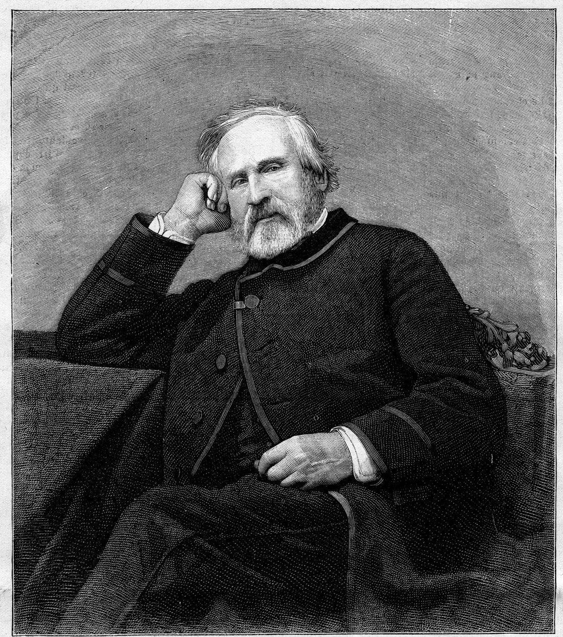 Francois Auguste Biardin (1798-1882), ranskalaisen taidemaalarin muotokuva. Kaiverrus "" Le Monde Illustré" -julkaisussa nro 1318, 1. heinäkuuta 1882. tekijältä Unknown artist