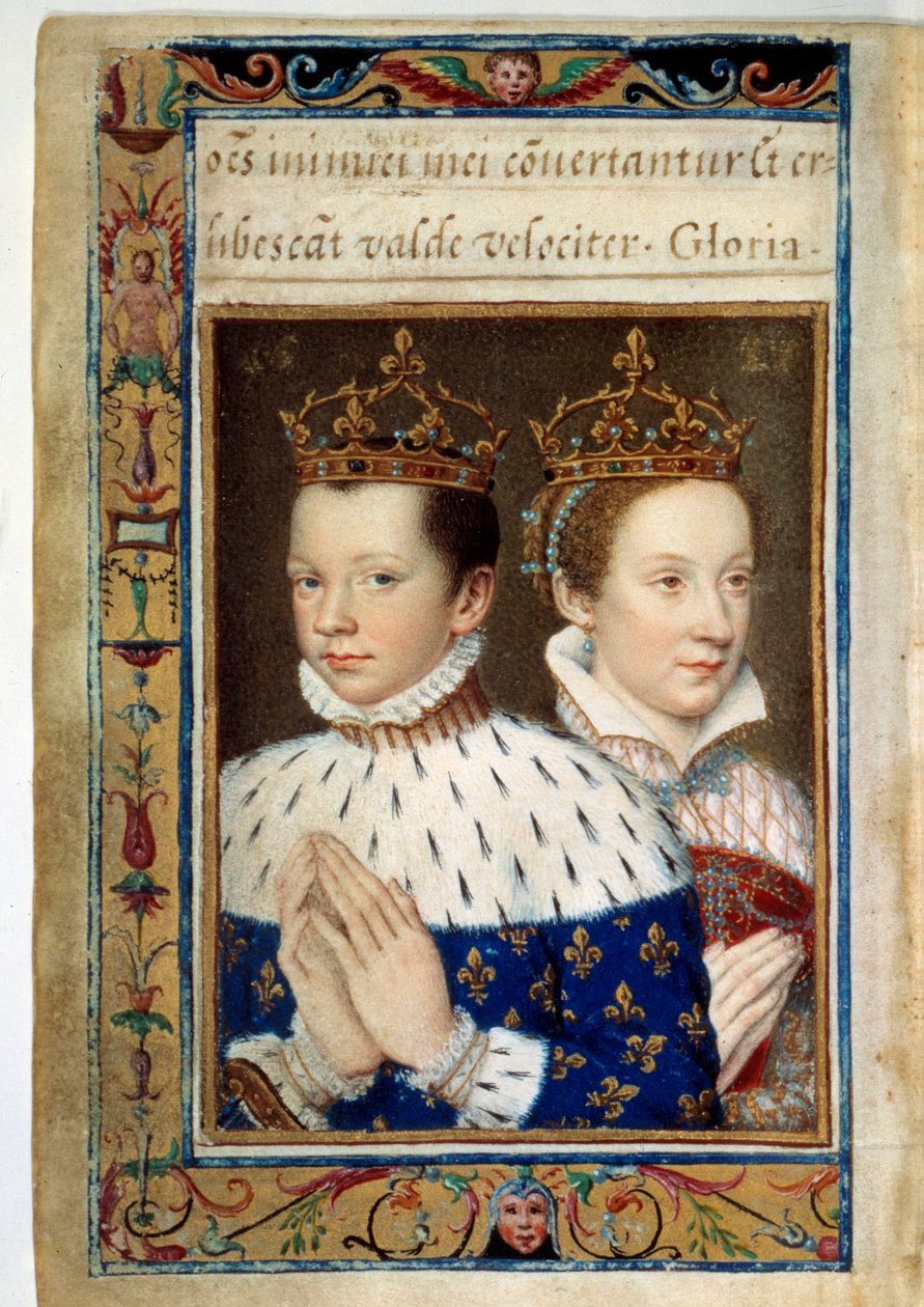 Muotokuva Francois II:sta (1544-1560) ja Marie Stuartista (1542-1587), Ranskan kuningas ja kuningatar, käsikirjoitussivu "Catherine de Mediciksen tuntikirjan" (Caterina de Medici) 1500-luvun Pariisi, B.N. tekijältä Unknown artist